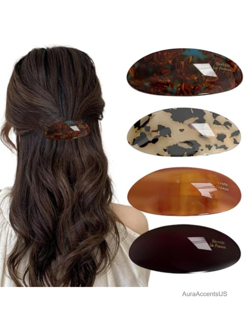 French Oval Acetate Hair Barrettes for Women, Large Vintage Clips for Thick